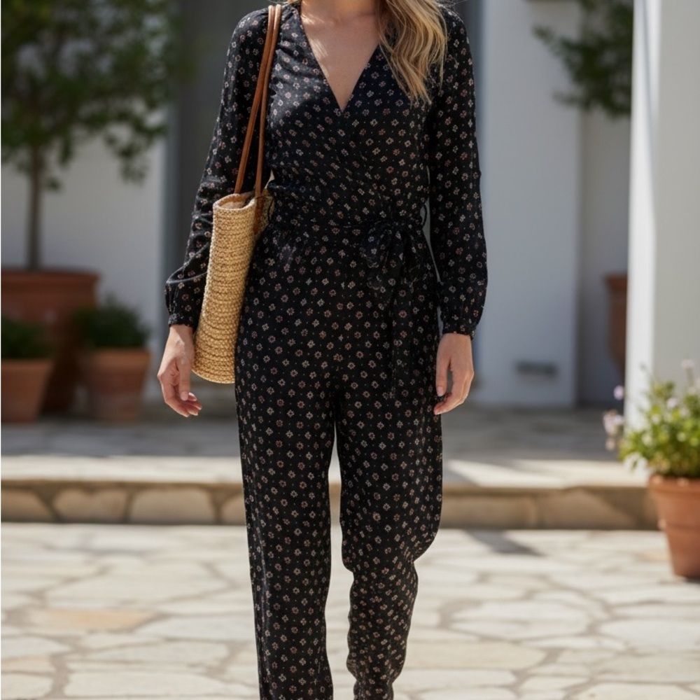 LOFT Black Floral Jumpsuit